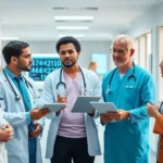 Healthcare teams discussing AI innovations in a modern hospital environment.
