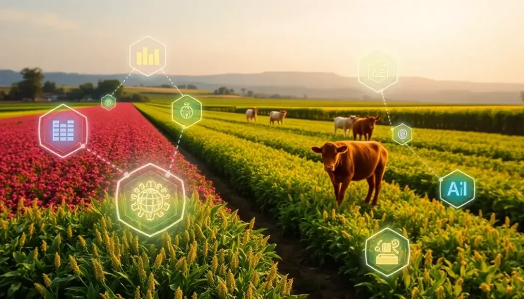 A diverse agricultural field featuring crops and livestock with digital analytics, representing the integration of AI in farming.