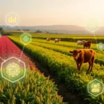 A diverse agricultural field featuring crops and livestock with digital analytics, representing the integration of AI in farming.