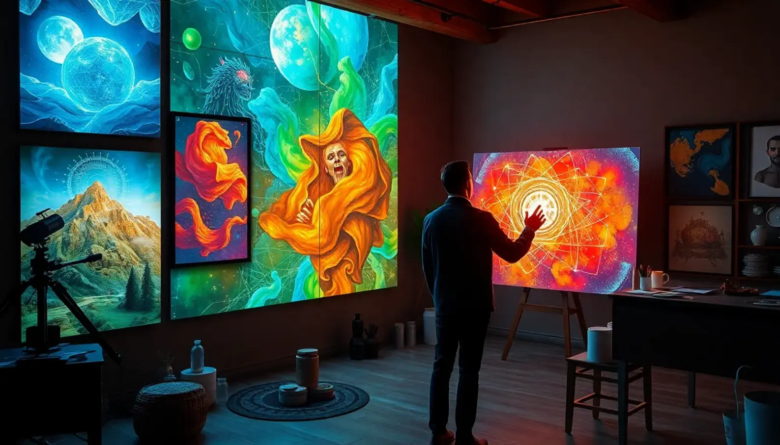 An artist collaborates with AI tools in a vibrant studio.