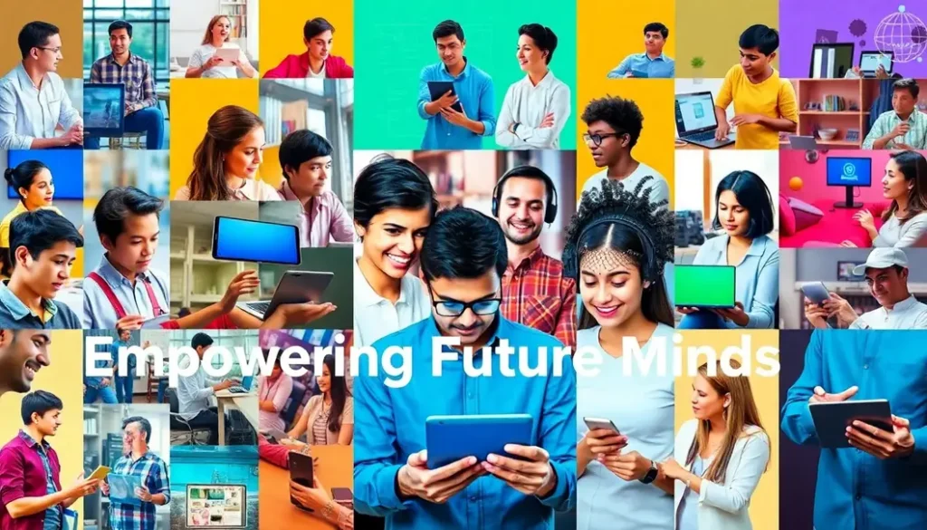 Collage of students and teachers involved with AI educational tools, highlighting diversity and engagement.
