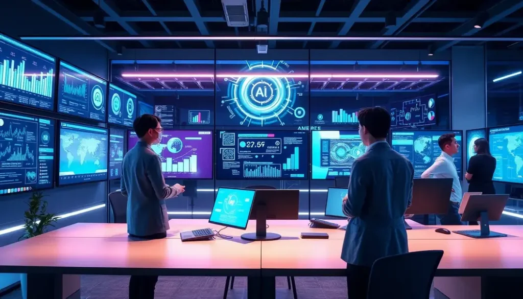 An advanced workplace environment where AI technologies are being utilized in human resources, featuring analytics displays and collaborative discussions among HR professionals.