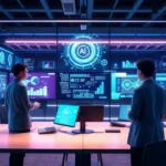 An advanced workplace environment where AI technologies are being utilized in human resources, featuring analytics displays and collaborative discussions among HR professionals.
