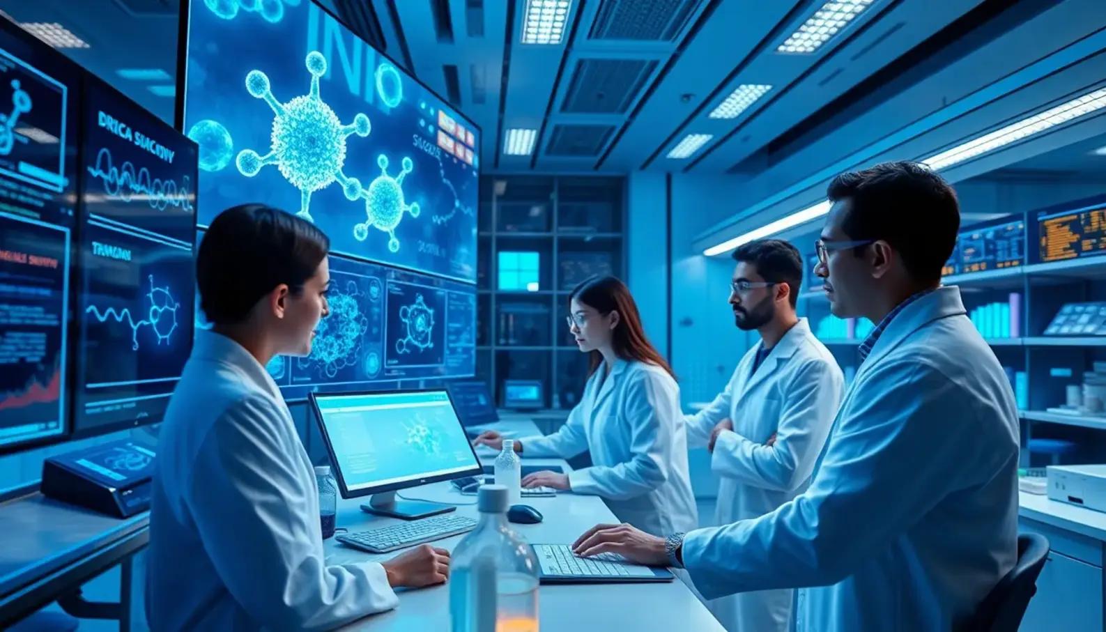 Researchers in a high-tech lab using AI systems for drug discovery and development.