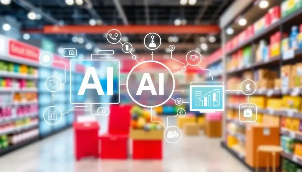 A vibrant infographic showing different ways AI is integrated into retail, highlighting analytics, customer engagement, and inventory management.