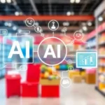 A vibrant infographic showing different ways AI is integrated into retail, highlighting analytics, customer engagement, and inventory management.