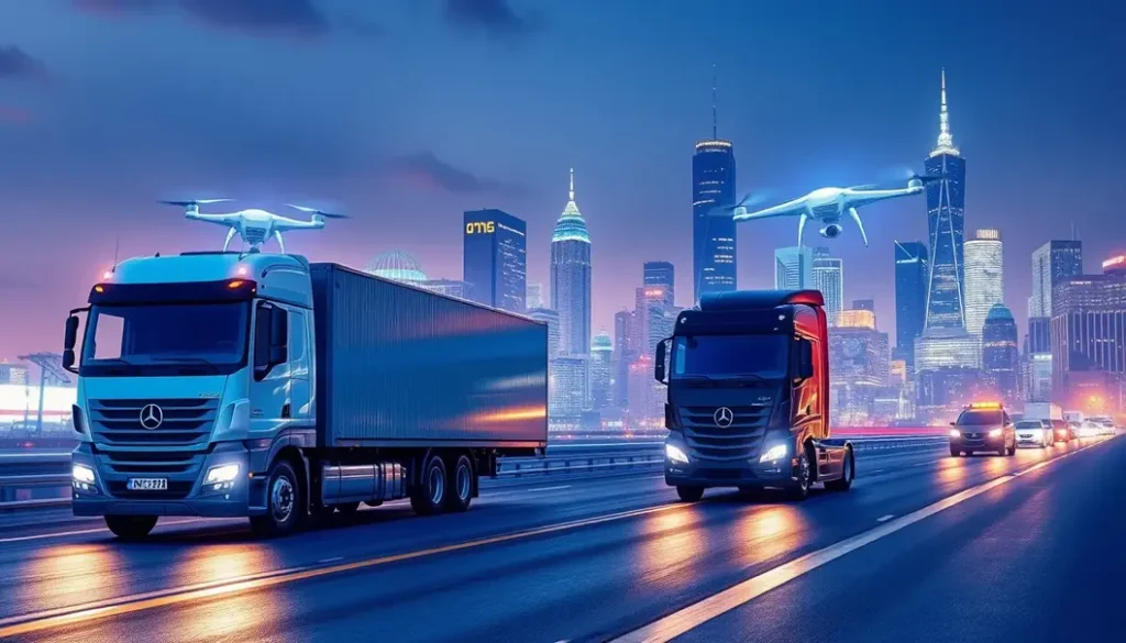 A cover image depicting the intersection of AI technology and transportation, showcasing trucks, drones, and smart city infrastructure.