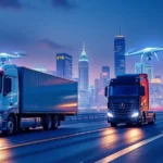 A cover image depicting the intersection of AI technology and transportation, showcasing trucks, drones, and smart city infrastructure.