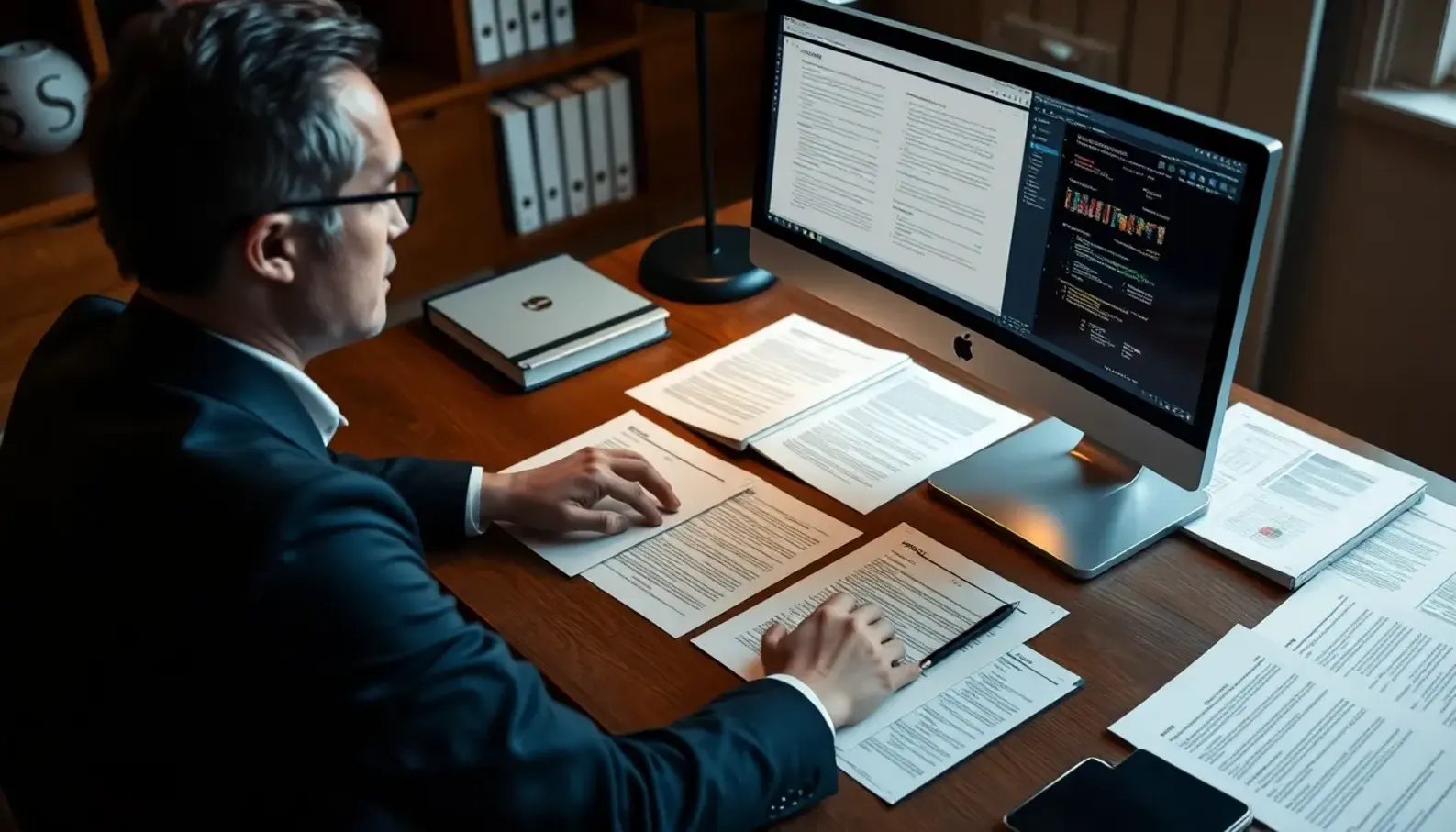 A lawyer utilizing AI technology to enhance legal research efficiency.