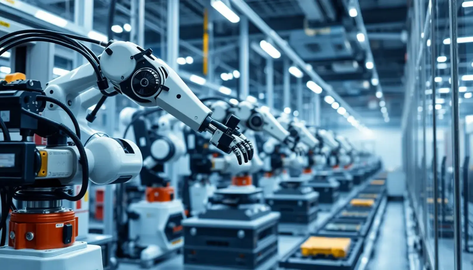 Advanced AI robotics streamline assembly processes in a modern manufacturing setting.