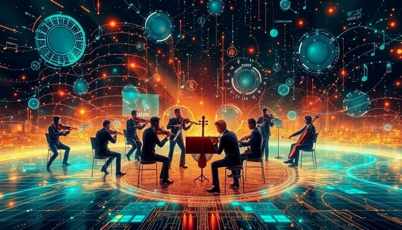 An artist collaborates with AI technology in a colorful studio setup.