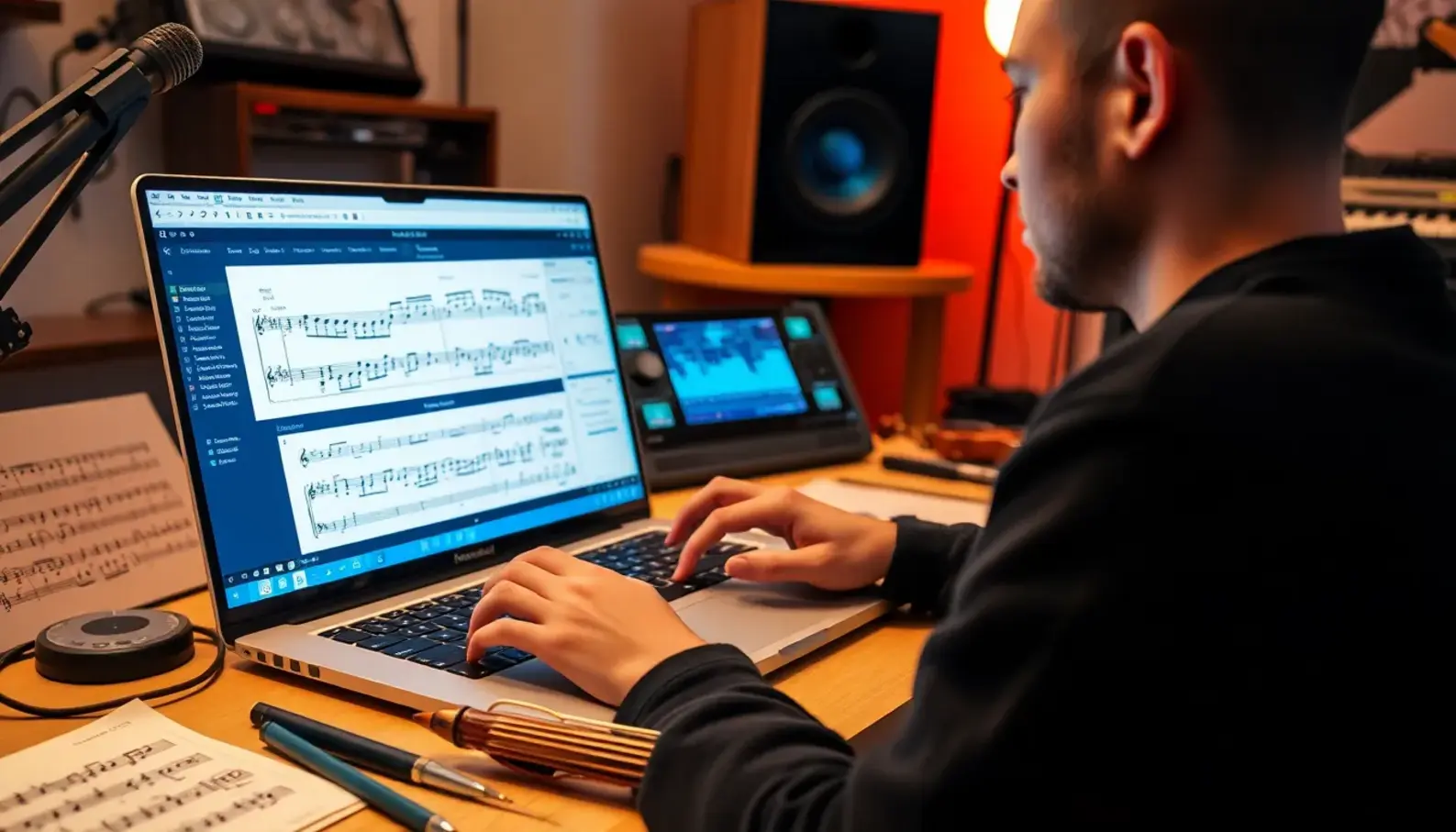 An artist collaborates with AI technology in a colorful studio setup.