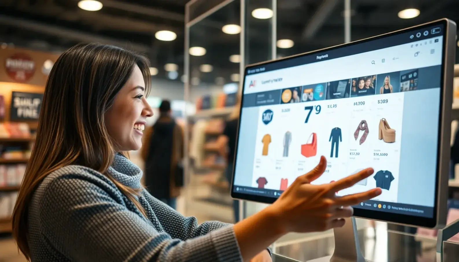 A retail manager utilizing AI analytics to make informed business decisions.