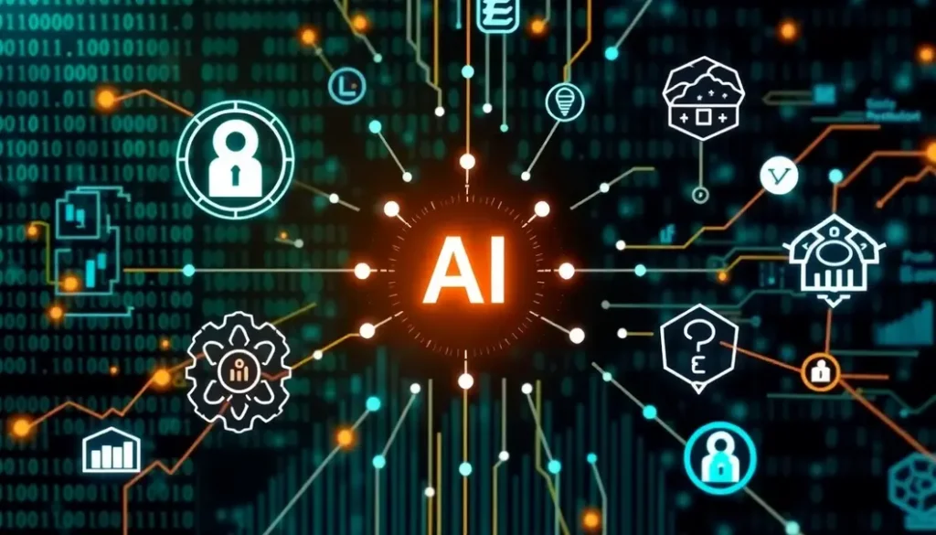 Illustration showing the integration of AI and finance for improved risk management.