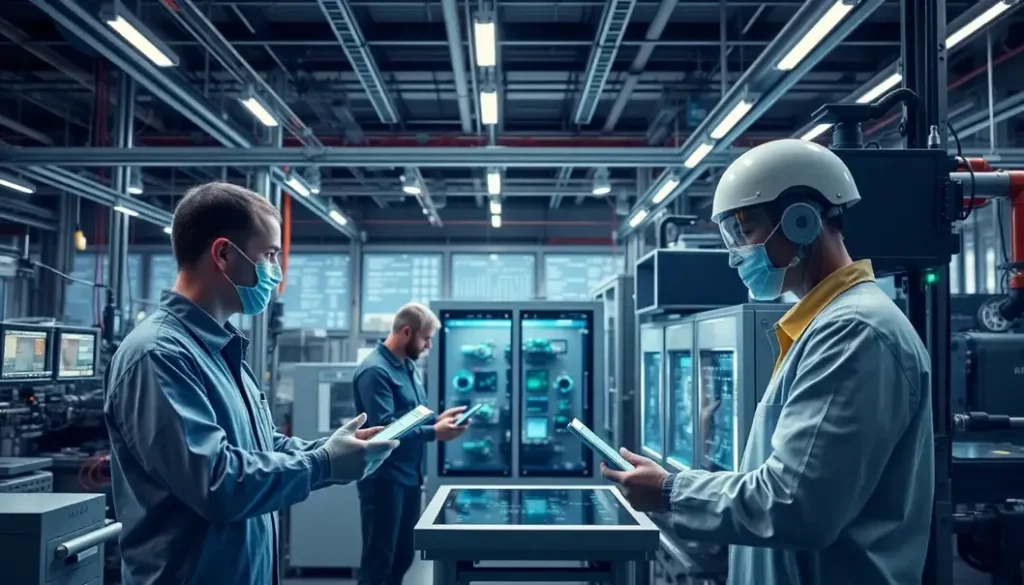 Engineers working with advanced AI technologies in a modern manufacturing setting.
