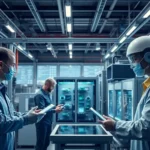 Engineers working with advanced AI technologies in a modern manufacturing setting.