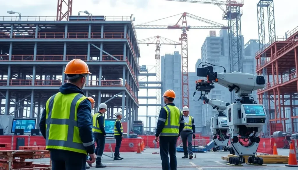 A vision of advanced construction with AI-assisted technologies and robotic systems enhancing productivity.