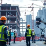 A vision of advanced construction with AI-assisted technologies and robotic systems enhancing productivity.