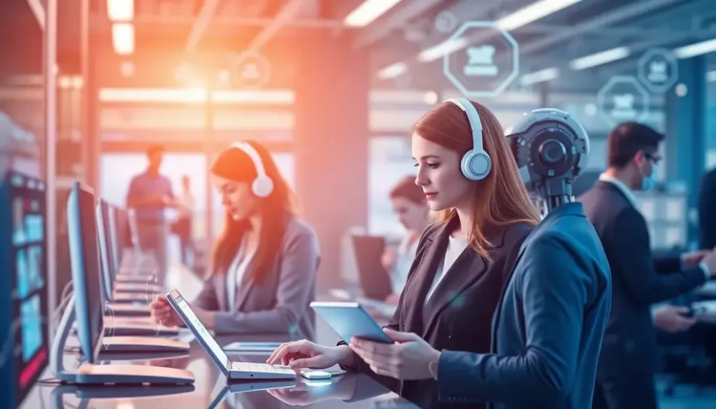 A conceptual image illustrating AI-enhanced customer service with various modern technologies.