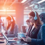 A conceptual image illustrating AI-enhanced customer service with various modern technologies.