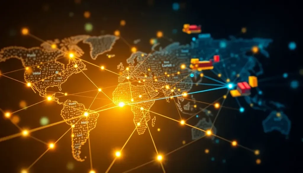 An illustrated global supply chain network highlighting AI integration in logistics management