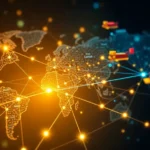 An illustrated global supply chain network highlighting AI integration in logistics management
