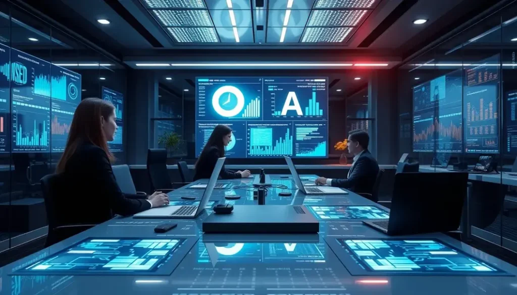 Legal professionals collaborating with advanced AI technology in a modern office environment.