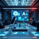 Legal professionals collaborating with advanced AI technology in a modern office environment.