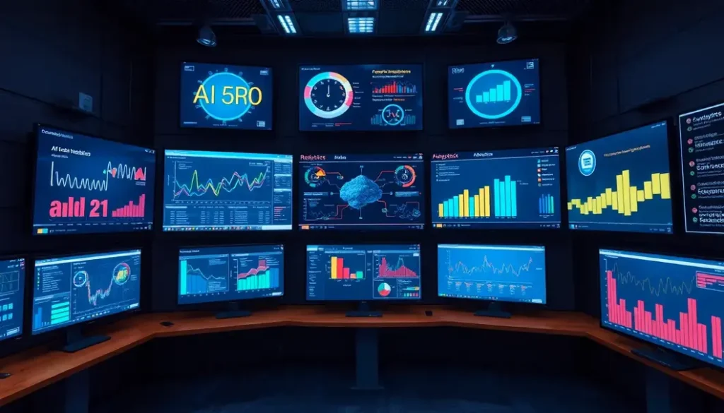Control room focused on supply chain management with screens showing AI-driven analytics and optimization processes.