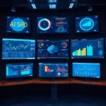 Control room focused on supply chain management with screens showing AI-driven analytics and optimization processes.