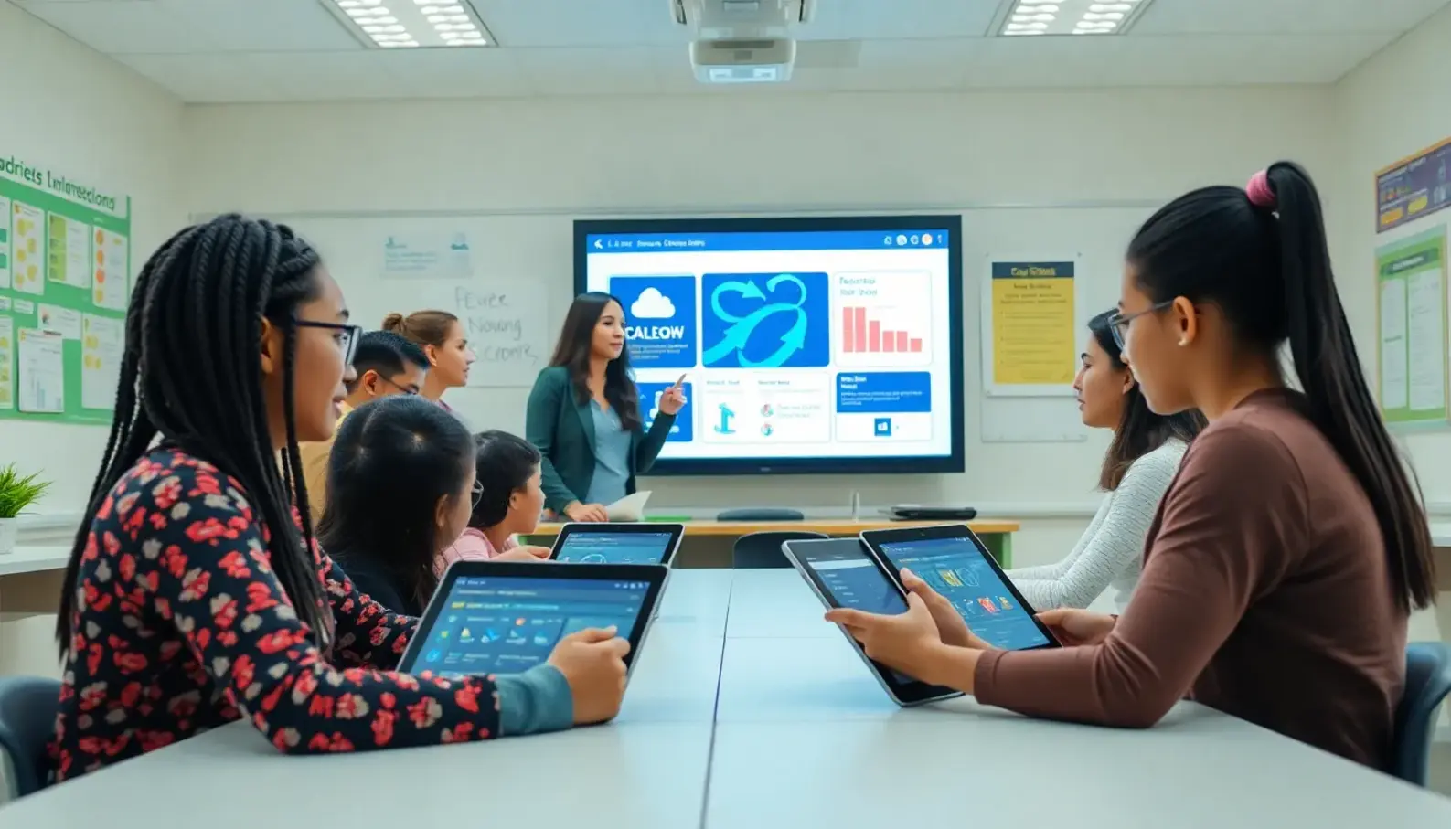 A modern classroom utilizing AI for personalized student learning.