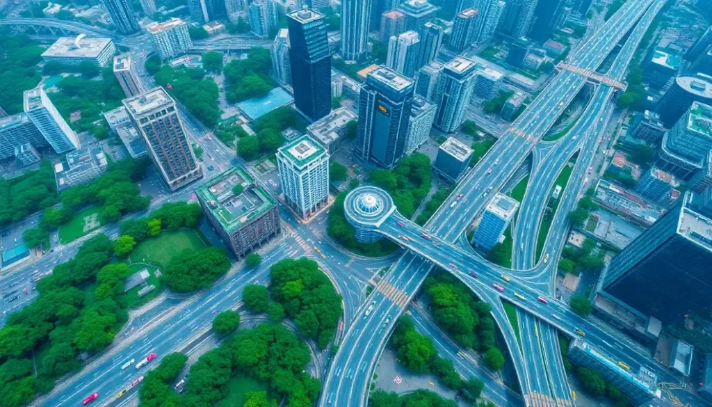 Aerial view of a smart city showcasing integrated AI technologies.
