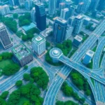 Aerial view of a smart city showcasing integrated AI technologies.