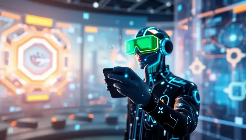 A futuristic illustration depicting users interacting with holographic interfaces in an environment showcasing the convergence between AI and Augmented Reality.