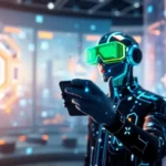 A futuristic illustration depicting users interacting with holographic interfaces in an environment showcasing the convergence between AI and Augmented Reality.
