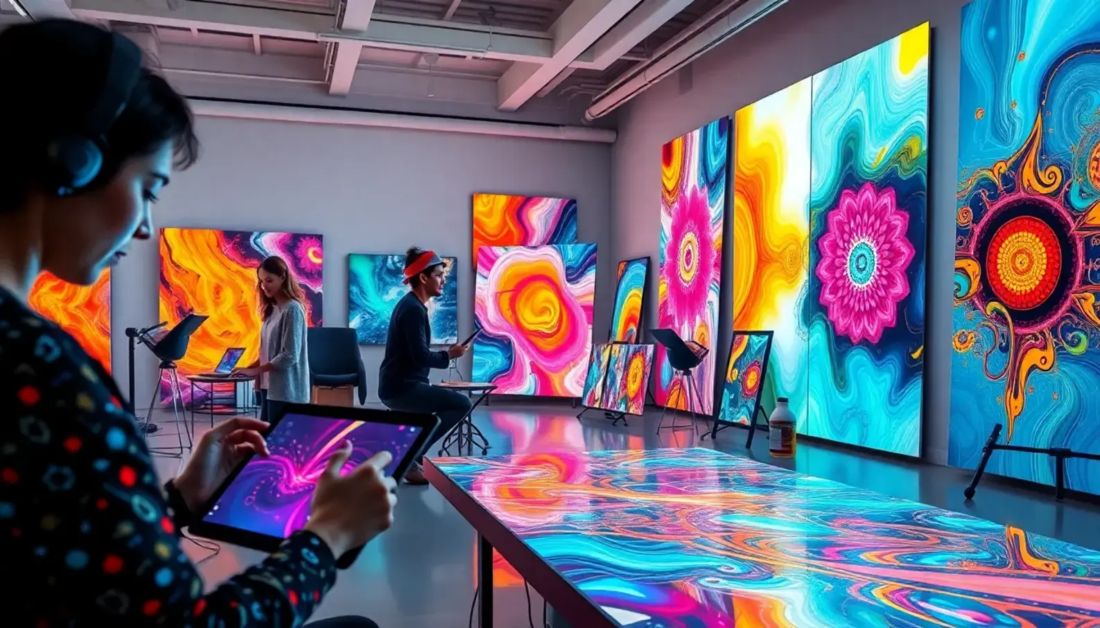 Artists collaborating with AI tools to create vibrant digital masterpieces.