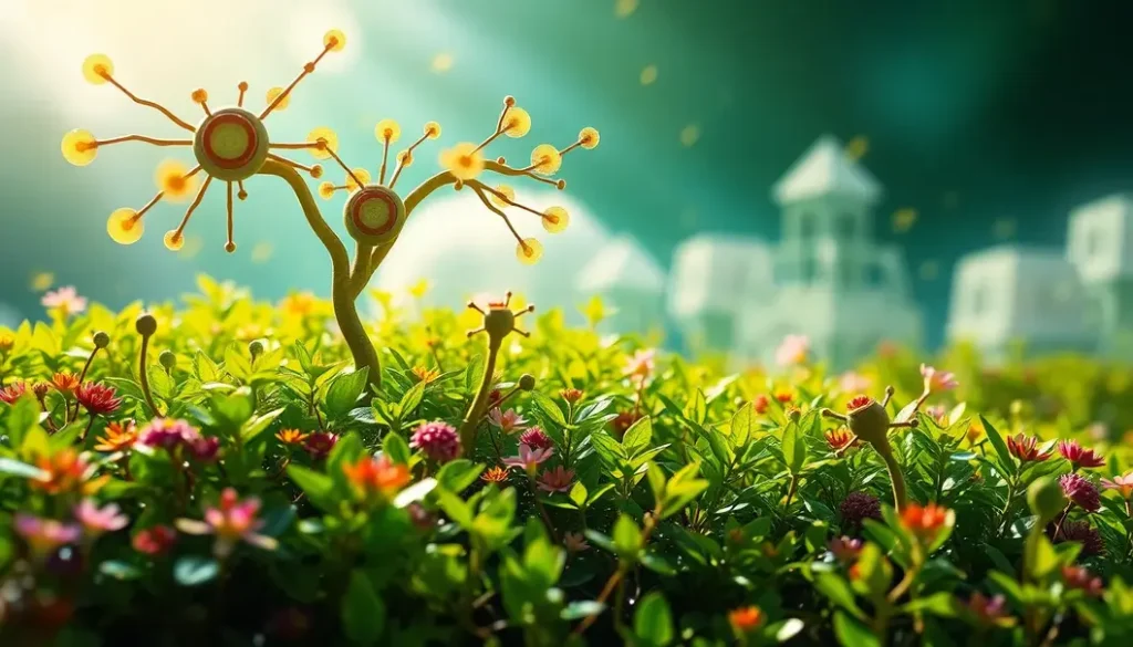 A colorful image showcasing artificial intelligence integrated with natural ecosystems and biomimetic designs.