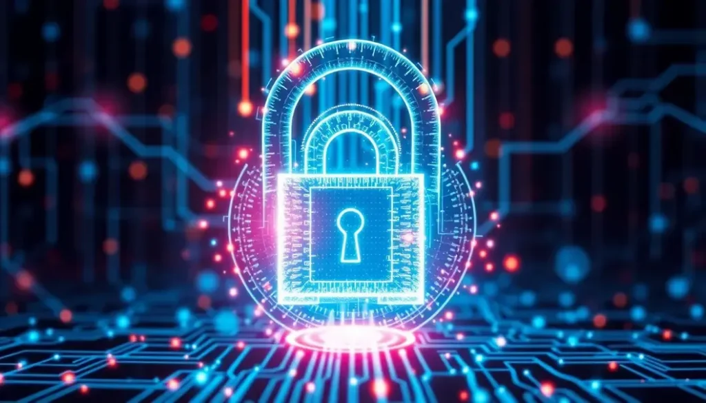 A visual depiction of AI and cybersecurity intersecting, showcasing digital security elements.