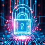 A visual depiction of AI and cybersecurity intersecting, showcasing digital security elements.
