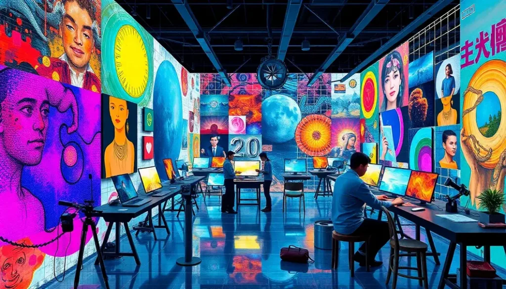 A collage depicting traditional artists working alongside AI-generated visuals in a colorful digital environment.