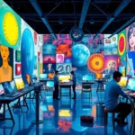 A collage depicting traditional artists working alongside AI-generated visuals in a colorful digital environment.