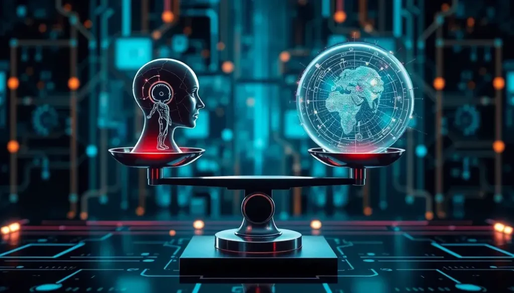 A visualization of AI ethics highlighting the balance between technological and human elements.