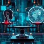 A visualization of AI ethics highlighting the balance between technological and human elements.