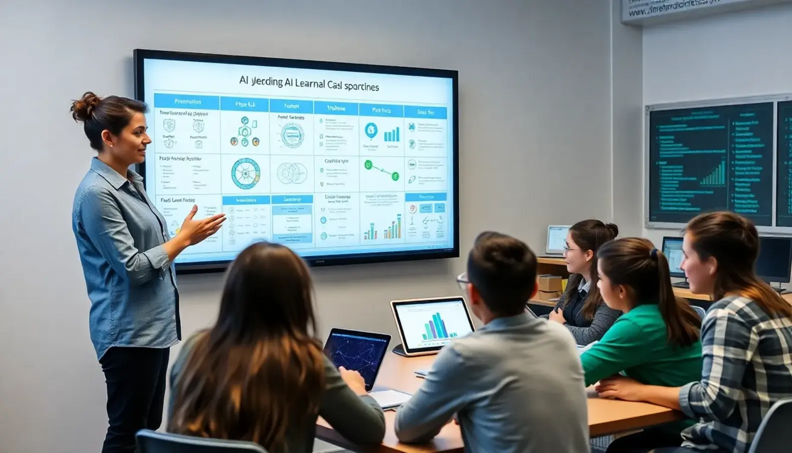 Teachers and students engaging with AI-driven educational tools for personalized learning.