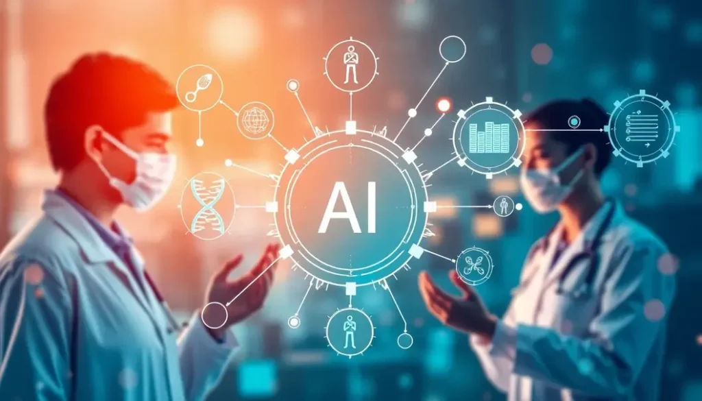 An artistic representation of the interaction between patients and AI technology in personalized medicine.
