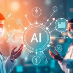 An artistic representation of the interaction between patients and AI technology in personalized medicine.