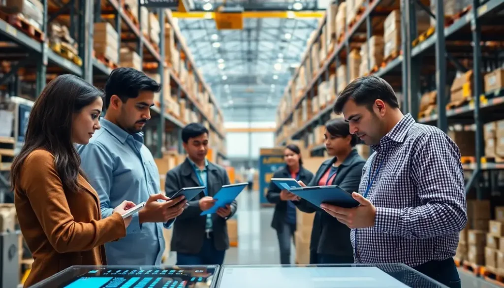 A group of professionals analyzing AI-driven data in a modern supply chain setting.