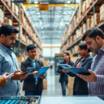 A group of professionals analyzing AI-driven data in a modern supply chain setting.