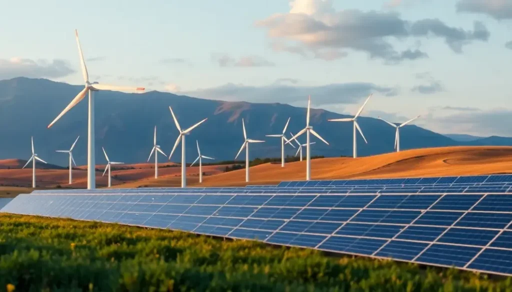 A landscape showing wind turbines and solar panels with an overlay depicting AI connectivity in renewable energy optimization.