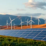 A landscape showing wind turbines and solar panels with an overlay depicting AI connectivity in renewable energy optimization.